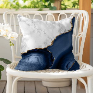 Coussin Marbre blanc Agate bleu marine dorée