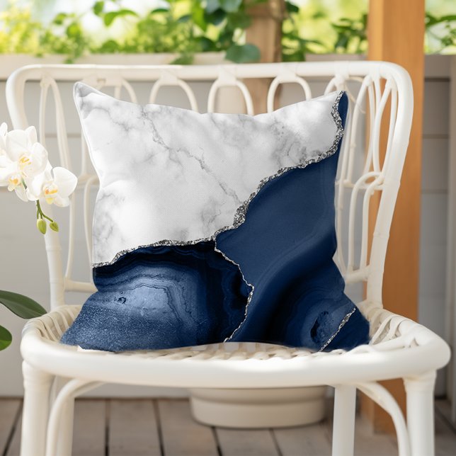 Coussin Marbre Blanc Agate Bleu Marine Paillettes Argentée (Créateur téléchargé)