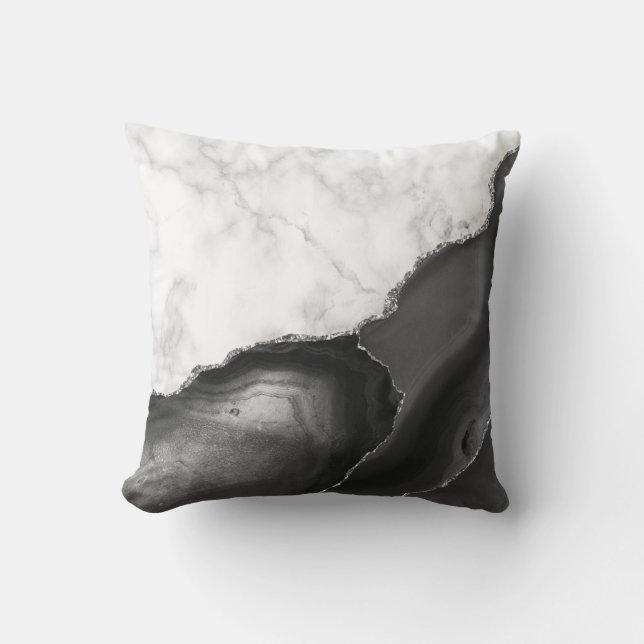 Coussin Marbre Blanc Agate Noire Paillettes Argentées (Recto)