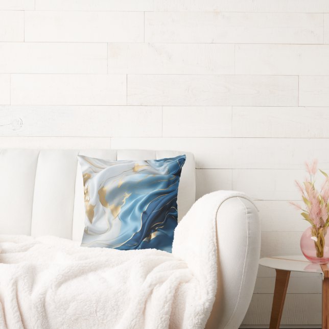 Coussin Marbre blanc bleu avec look soie or (Canapé)