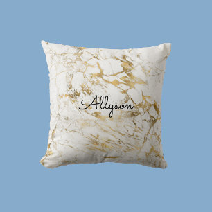 Coussin Marbre Blanc et Or, Nom ou Monogramme en Script No