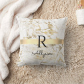 Coussin Marbre Blanc & Or Barre Dorée, Monogramme Nom Noir (Couverture)
