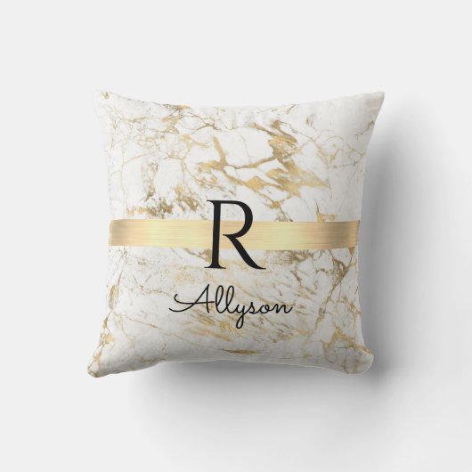 Coussin Marbre Blanc & Or Barre Dorée, Monogramme Nom Noir (Verso)