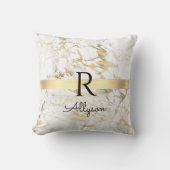 Coussin Marbre Blanc & Or Barre Dorée, Monogramme Nom Noir (Recto)