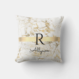 Coussin Marbre Blanc & Or Barre Dorée, Monogramme Nom Noir