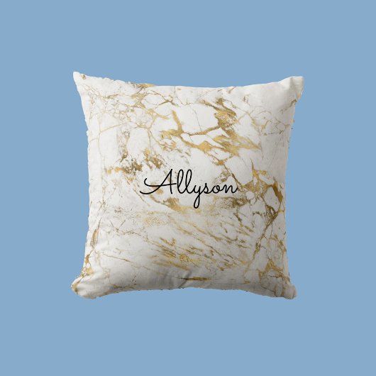 Coussin Marbre Blanc & Or, Nom ou Monogramme en Écriture N