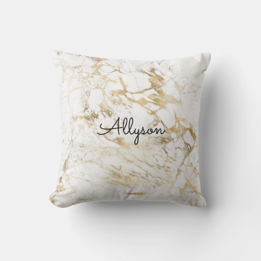 Coussin Marbre Blanc & Or, Nom ou Monogramme en Script Noi (Recto)