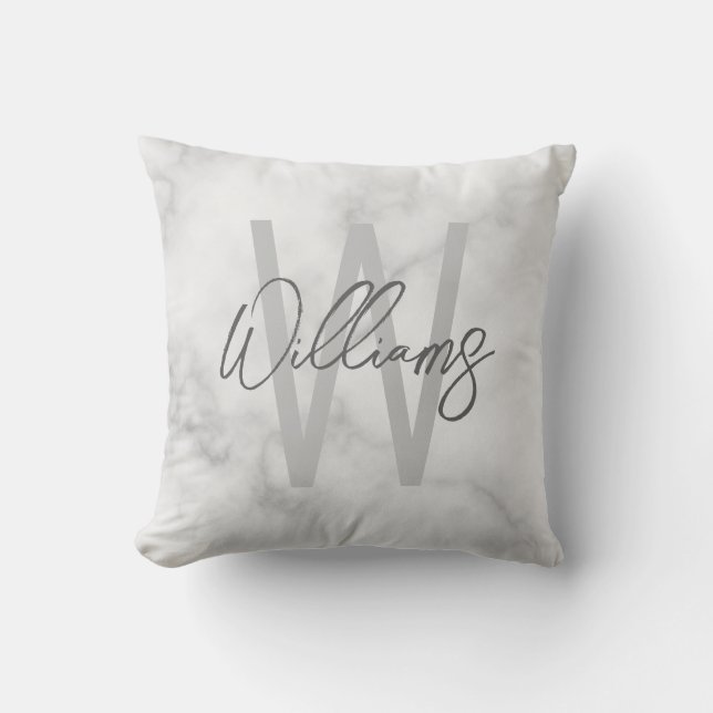 Coussin Marbre blanc Script Monogramme personnalisé et nom (Recto)