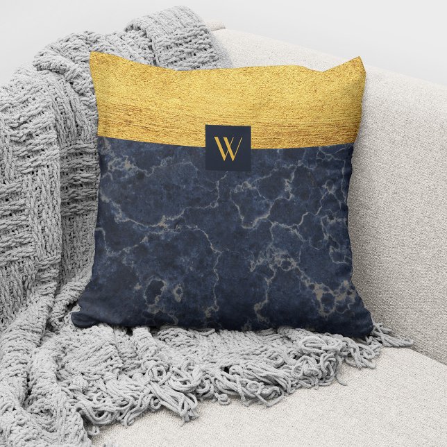 Coussin Marbre bleu à monogramme élégant (Créateur téléchargé)