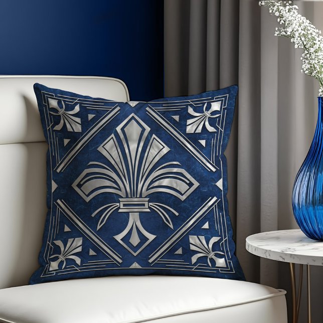 Coussin Marbre bleu et perle Art Déco Fleur de lis (Créateur téléchargé)