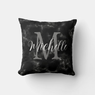 Coussin Marbre de fille Monogramme noir et blanc et nom