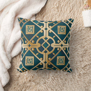 Coussin Marbre de Luxe Art Déco Clé Grecque Vert Mer Or