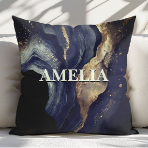 Coussin Marbre élégant navy art pailleté faux or