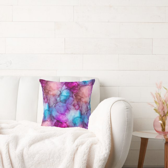Coussin Marbre fluide aquarelle rose violet et sarcelle (Canapé)
