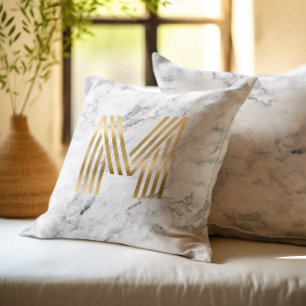 Coussin Marbre Gris Géométrique Rétro Monogramme M en feui
