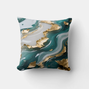 Coussin Marbre Liquide Sarcelle et Feuille d'Or Luxueuse