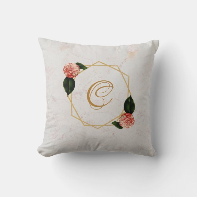 Coussin Marbre Monogramme Or rose Camellia Géométrie Flora (Recto)
