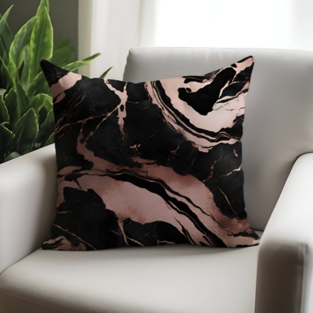 Coussin Marbre noir à motif de luxe chic or rose (Créateur téléchargé)
