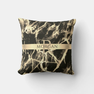 Coussin Marbre Noir & Or, Rayure Or, Nom & Monogramme
