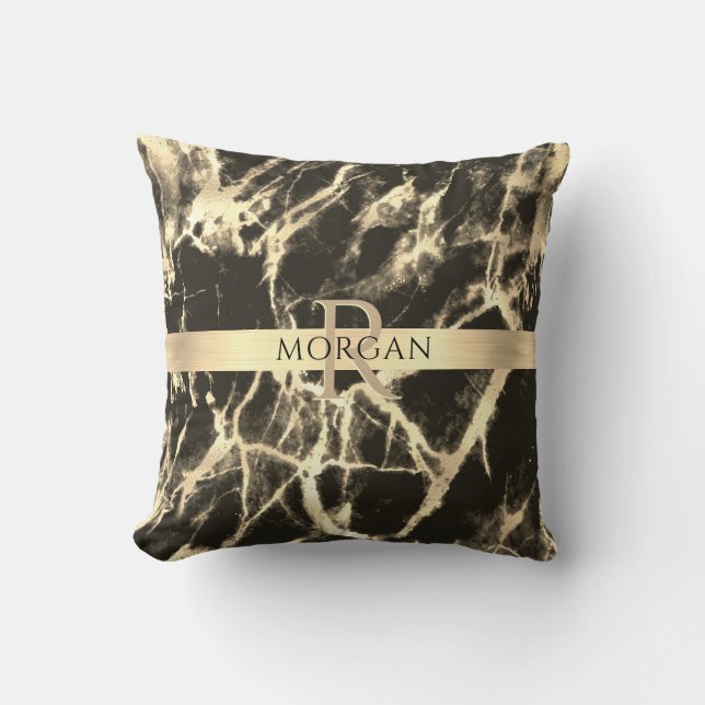 Coussin Marbre Noir & Or, Rayure Or, Nom & Monogramme (Recto)