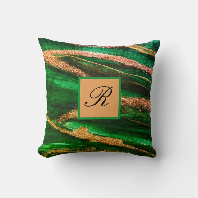 Coussin Marbre parties scintillant or vert Abstrait Monogr (Recto)