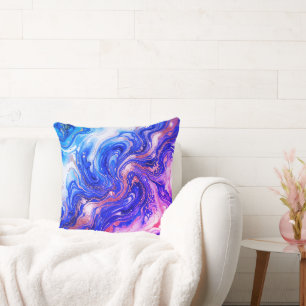 Coussin Marbre Rose Bleu Motif Abstrait Luxueux d'Art Flui