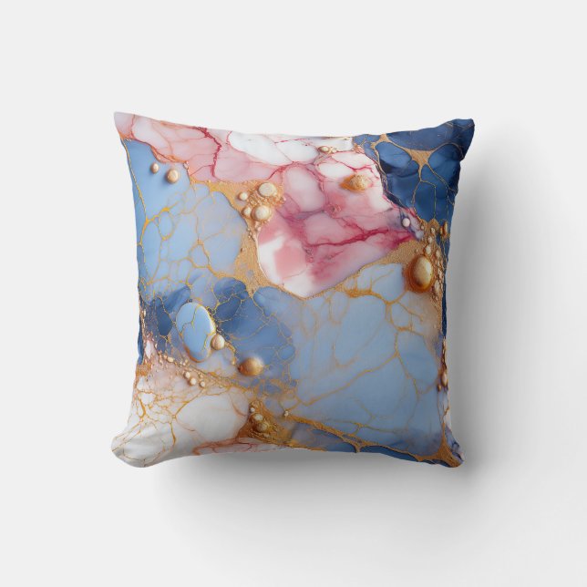 Coussin Marbre Rose et Saphir avec Perles Dorées (Recto)