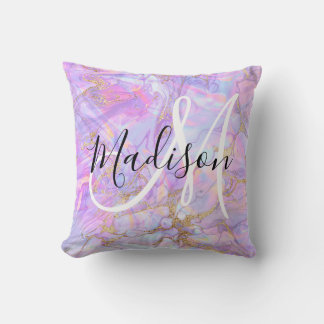 Coussin Marbre Rose Lavande Moderne Monogramme Nom Doré