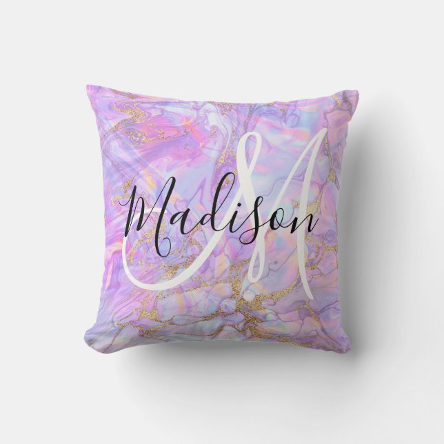 Coussin Marbre Rose Lavande Moderne Monogramme Nom Doré (Recto)