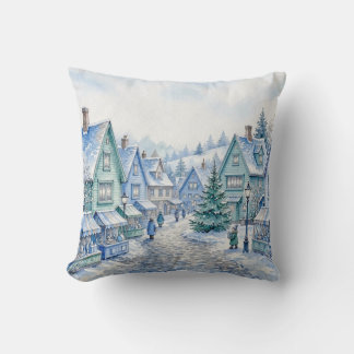 Coussin Marché de village de Noël bleu vert aquarelle