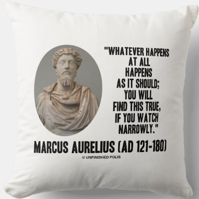 Coussin Marcus Aurelius Quoi Qu'Il Arrive, Quoi Qu'Il Arri (Throw pillow featuring timeless words of wisdom by Roman emperor & Stoic philosopher Marcus Aurelius)
