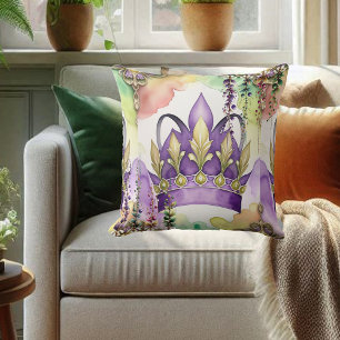 Coussin Mardi Gras Couronne violette Vert & Or Aquarelle