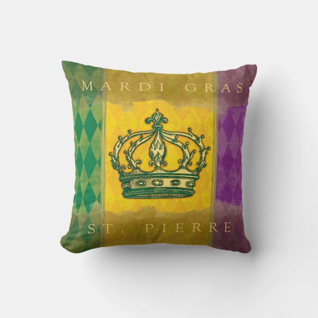 Coussin Mardi Gras Crown Purple Gold Nom de famille Monogr (Recto)