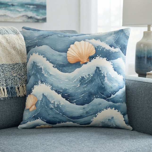 Coussin Marées côtières Coquilles d'éventail de mer Aquare (Coastal Tides Sea-fan Shells Watercolor Foam Beach Throw Pillow)