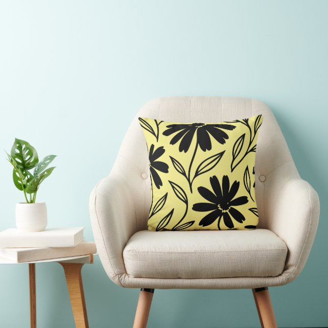 Coussin Marguerites à l'encre noire Jaune Boho  (Chaise)