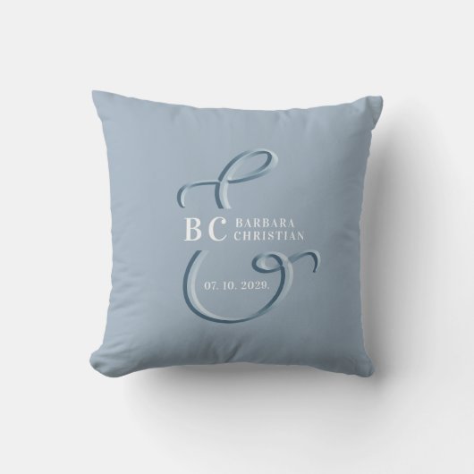 Coussin Mariage au Monogramme Bleu Poussiéreux (Recto)