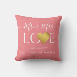 Coussin Mariage Black Gold Heart Nom du script Mr et Mrs.
