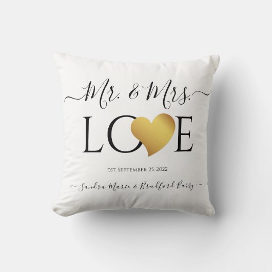 Coussin Mariage Black Gold Heart Nom du script Mr et Mrs. (Recto)