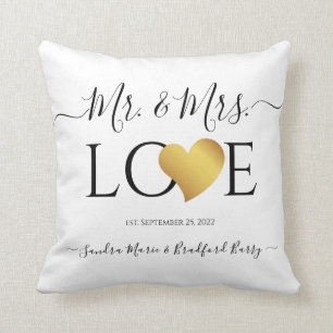 Coussin Mariage Black Gold Heart Nom du script Mr et Mrs.