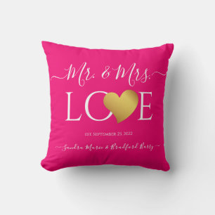 Coussin Mariage Black Gold Heart Nom du script Mr et Mrs.
