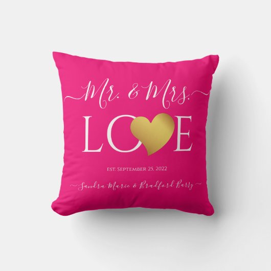 Coussin Mariage Black Gold Heart Nom du script Mr et Mrs. (Recto)