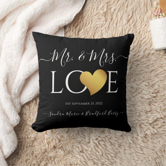 Coussin Mariage Black Gold Heart Nom du script Mr et Mrs. (Couverture)
