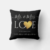 Coussin Mariage Black Gold Heart Nom du script Mr et Mrs. (Verso)