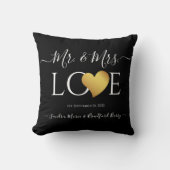 Coussin Mariage Black Gold Heart Nom du script Mr et Mrs. (Recto)