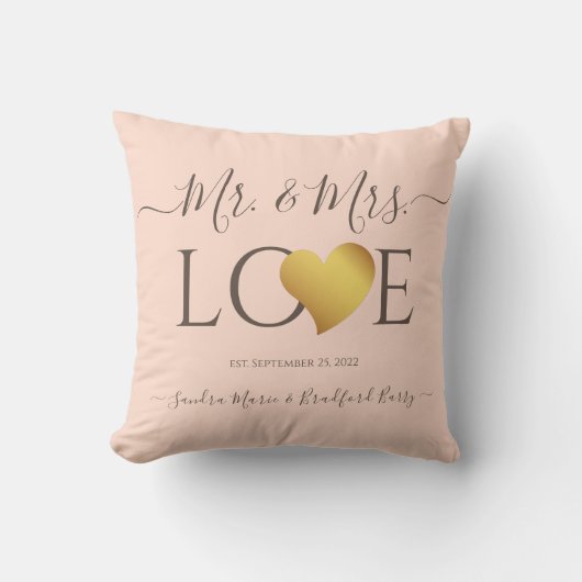 Coussin Mariage Black Gold Heart Nom du script Mr et Mrs. (Recto)