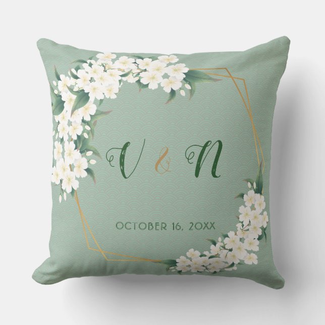 Coussin Mariage blanc vert Floral Monogramme Keepsaké (Recto)