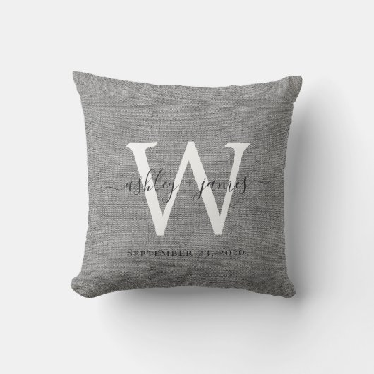 Coussin Mariage Cadeau Mémorable Toile Lin Monogramme Blan (Recto)