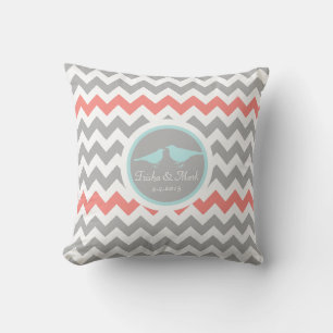 Coussin Mariage Chevron Grey Aqua White Bird