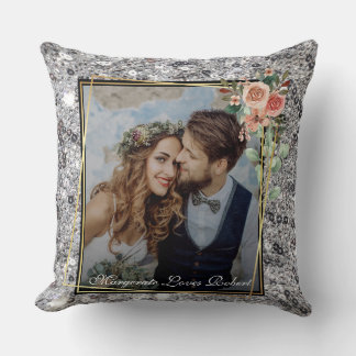 Coussin Mariage Chic Moderne Amour Couple Paillettes Argen