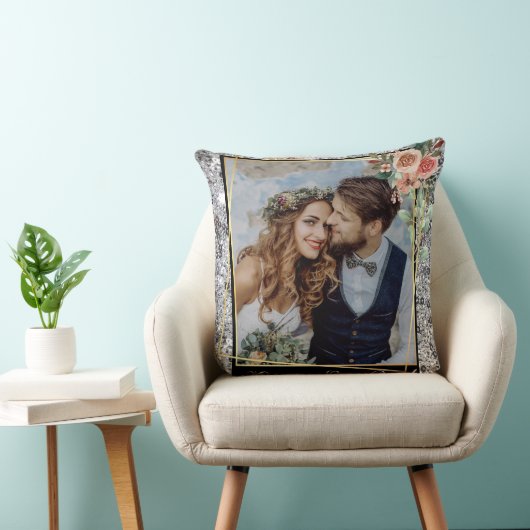 Coussin Mariage Chic Moderne Couple Amour Paillettes Argen (Chaise)